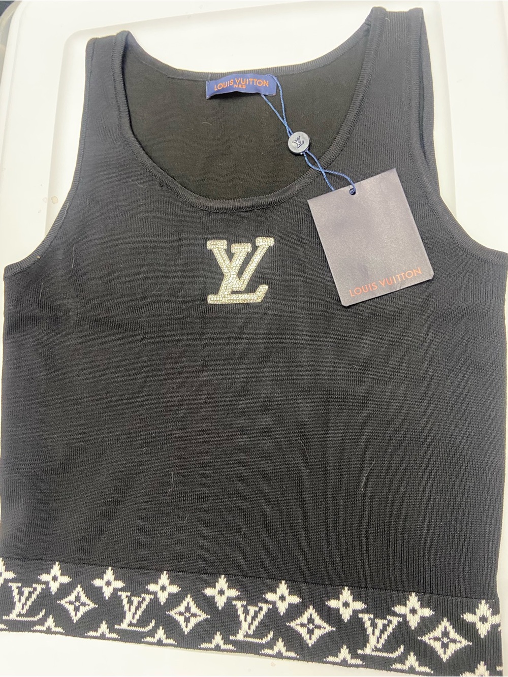 Louis Vuitton Black Tank Top with Crystal LV Logo and Monogram Hem